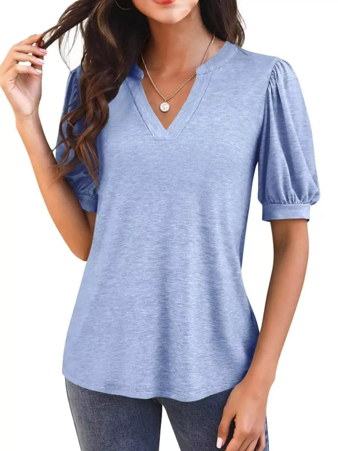 Puff Sleeve Notched Casual T-Shirt