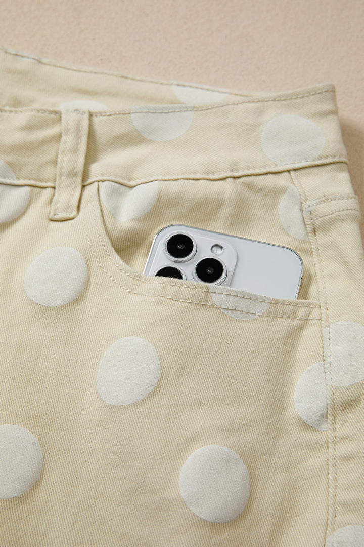 Khaki Polka Dot Print Raw Hem Shift Jeans