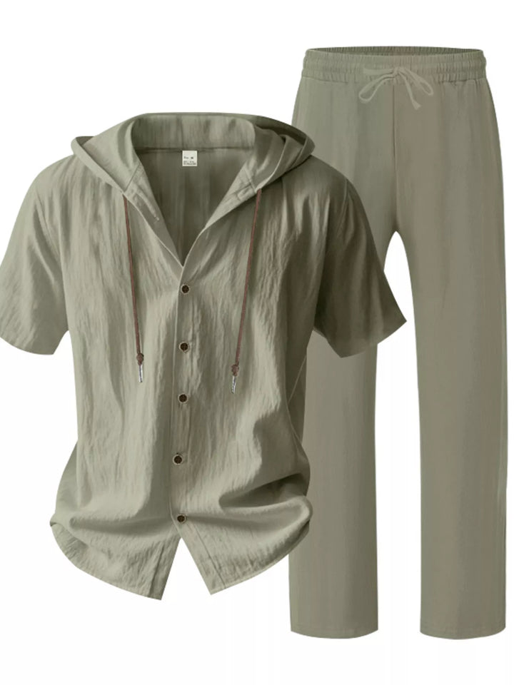 Men's Full Size Button Up Hooded Top and Pants Set Plus Size