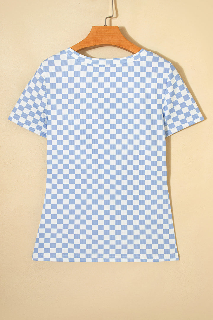 Sky Blue Checkered Ribbed Slim Fit Crew Neck T Shirt