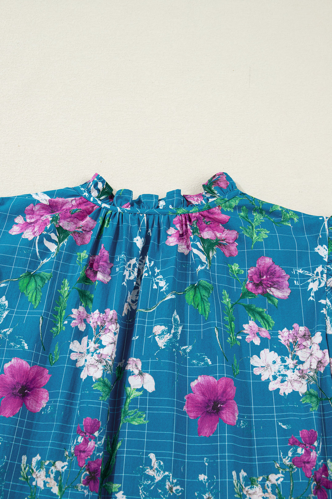 Blue Floral Flutter Sleeve Button Tie Split Neck Belted Long Dress