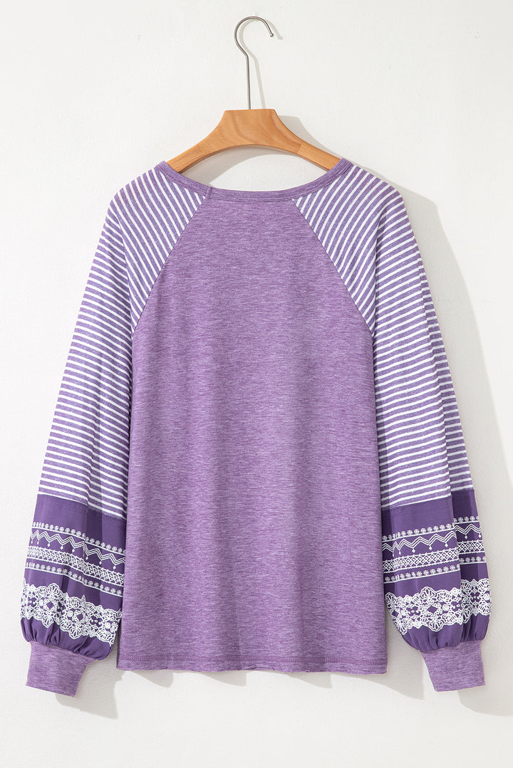 Tillandsia Purple Contrast Print Striped Raglan Long Sleeve Loose Top