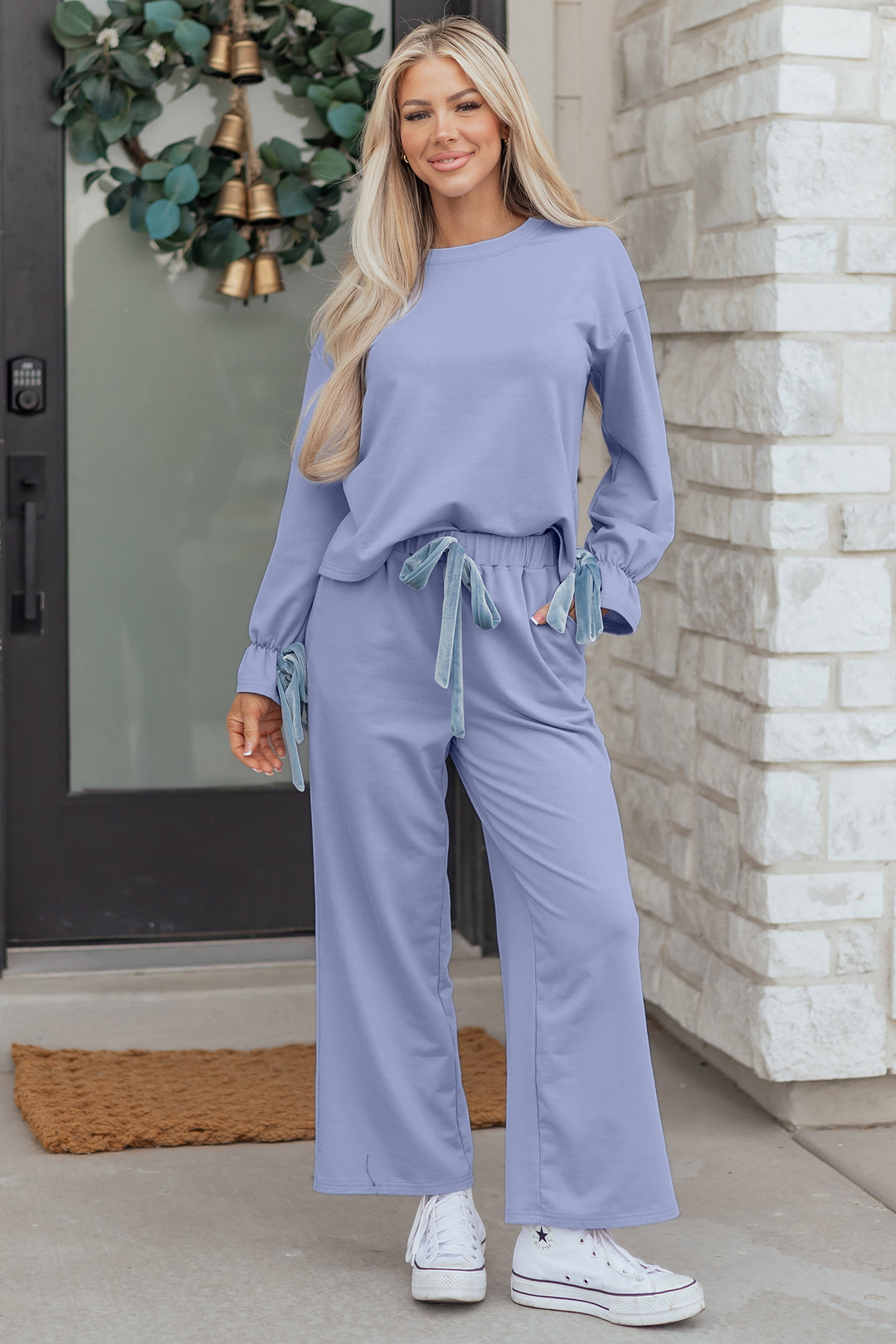 Beau Blue Flounce Long Sleeve Top Drawstring Pants Contrast Velvet Bow Knot 2pcs Lounge Set