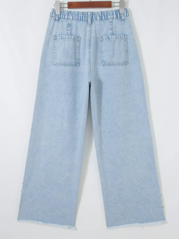 Studded Side Slit Leg Frayed Pocketed Wide Leg Jeans