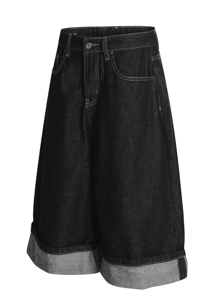 Men's Baggy Denim Shorts with Cuffed Hem