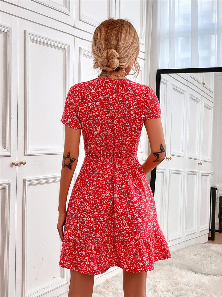 Printed Ruffled Hem V-Neck Short Sleeve Mini Dress