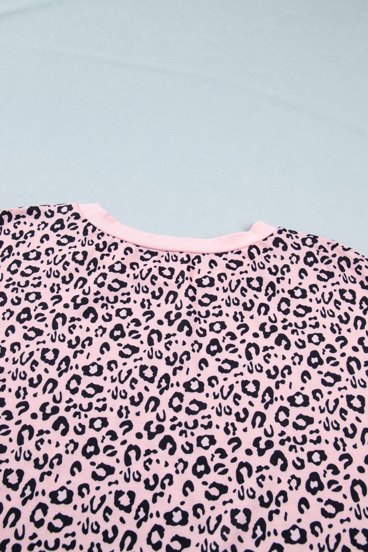 Pink Leopard Striped Contrast Patchwork Plus Size Tee