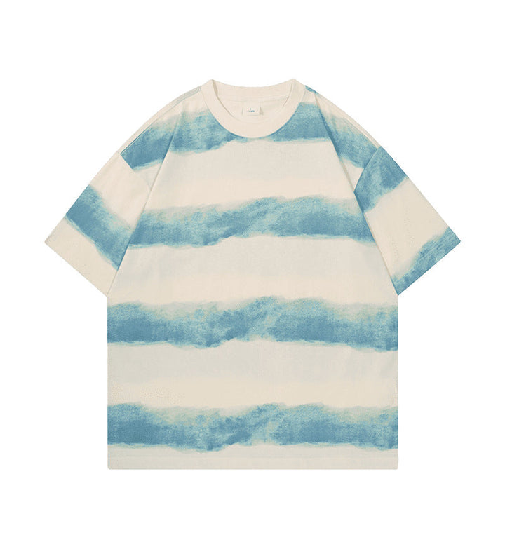 Tie-dye Washed Striped Short-Sleeve Mens Cotton T-Shirt