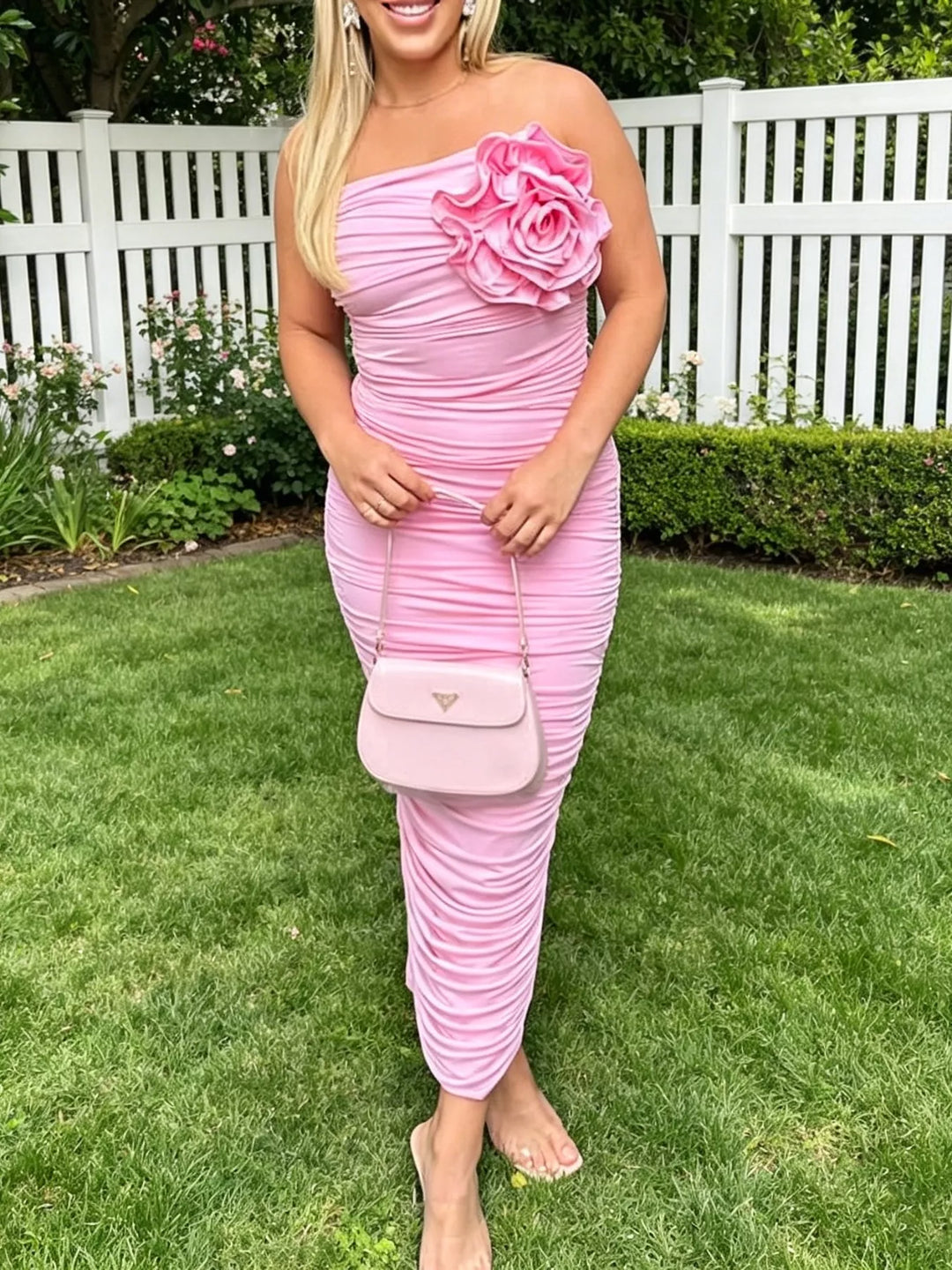 Flower Ruched Tube Bodycon Midi Dress
