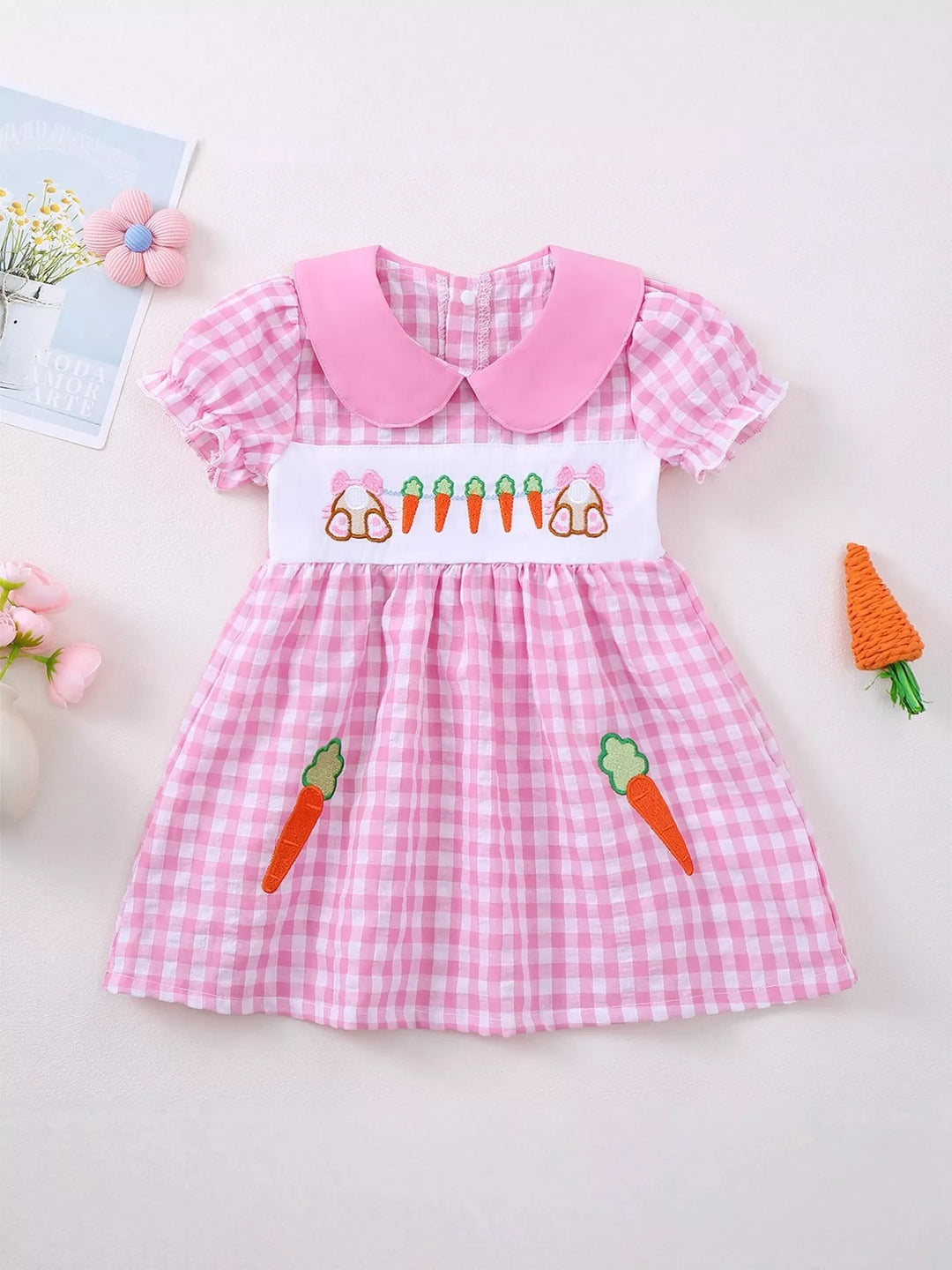 Children's Gingham Bunny & Carrot Embroidered Peter Pan Collar Smocked Dress