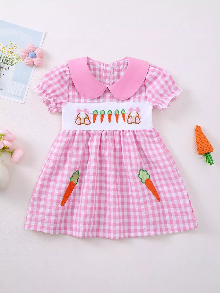 Children's Gingham Bunny & Carrot Embroidered Peter Pan Collar Smocked Dress