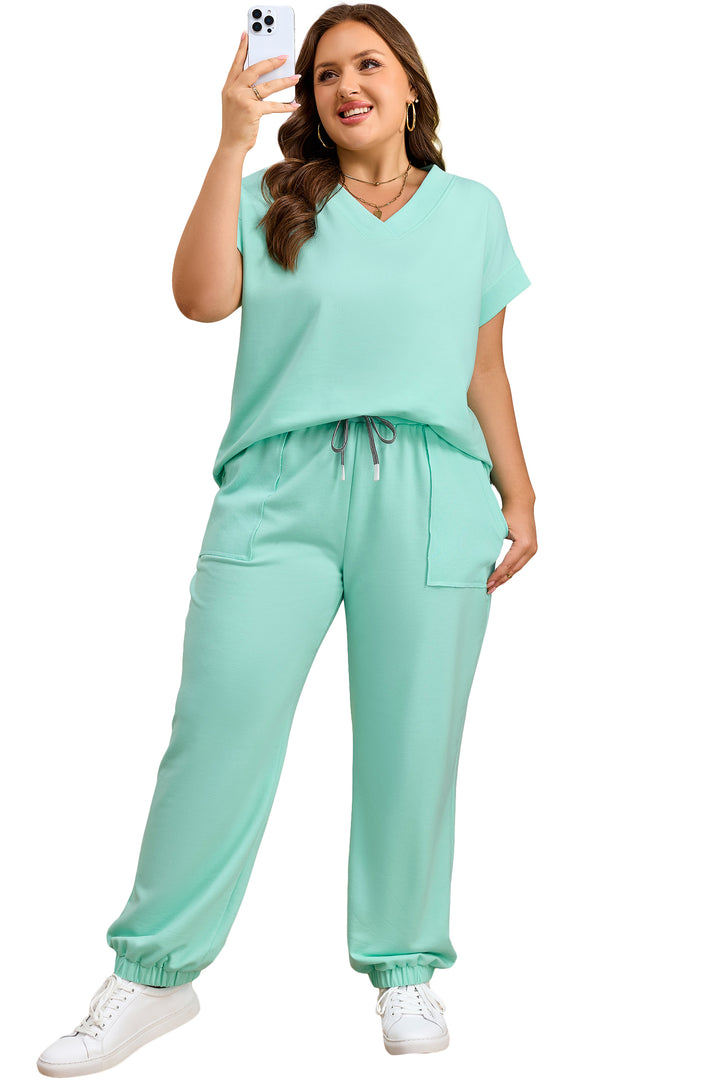 Mint Green Solid V-Neck Tee and Drawstring Plus Size Pants Set