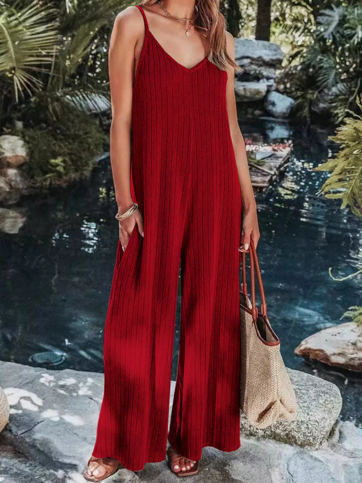 Ribbed V-Neck Wide Leg Jumpsuit