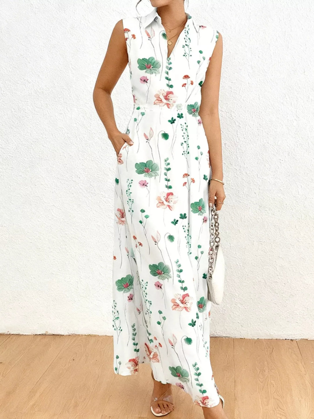 Floral Print Sleeveless Maxi Shirt Dress