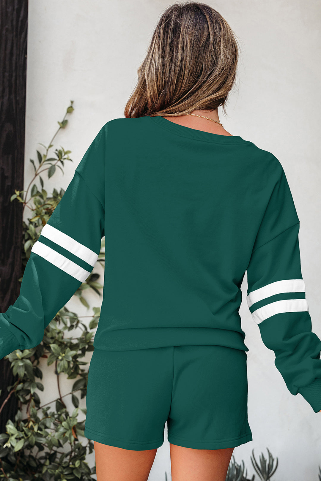 Evergreen Rhinestone Clover Varsity Pullover Drawstring Shorts 2pcs Set