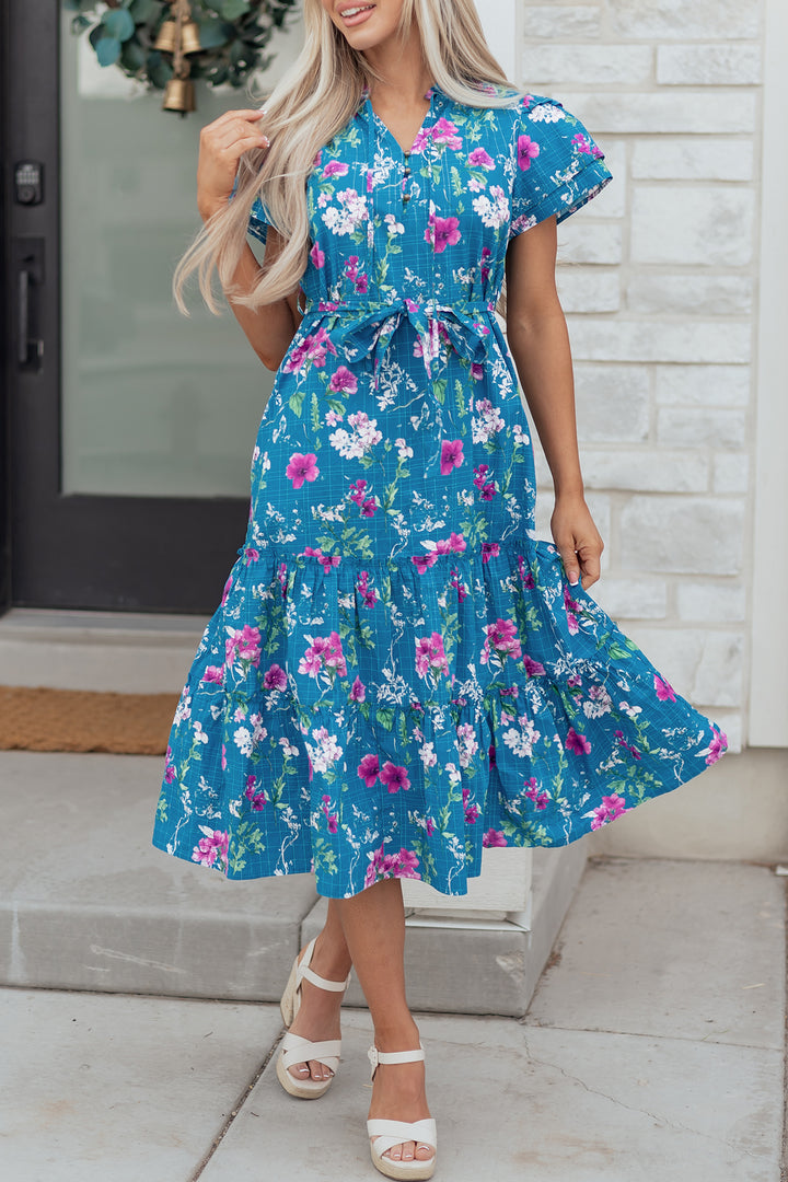 Blue Floral Flutter Sleeve Button Tie Split Neck Belted Long Dress