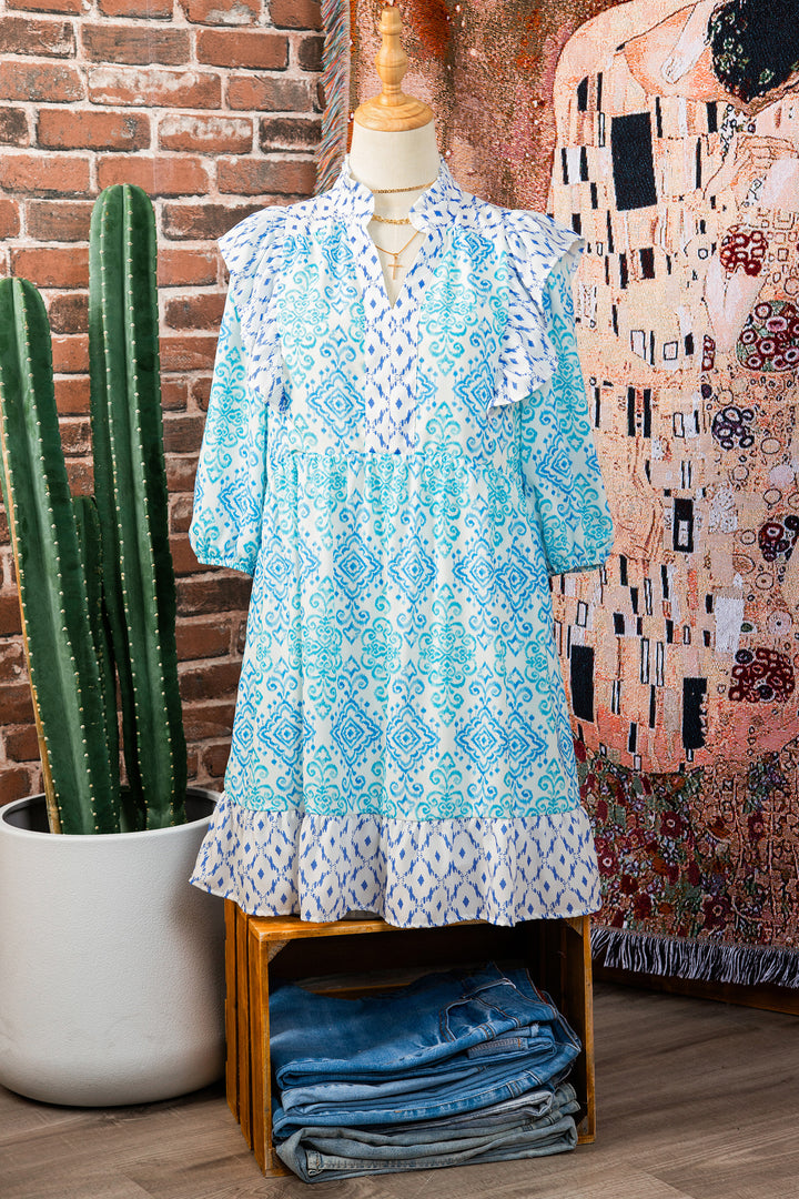 Sky Blue Boho Floral Geometric Patchwork Ruffle Detail Puff Sleeve Mini Dress