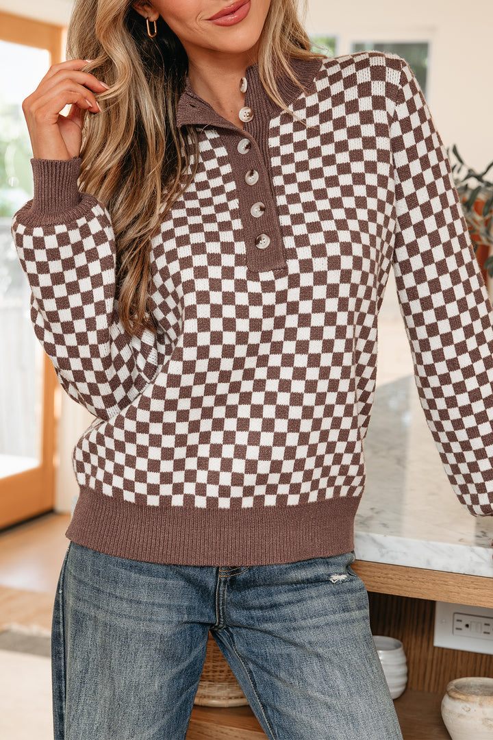 Dark Brown Half Button Ribbed Trim Checkerboard Knit Sweater
