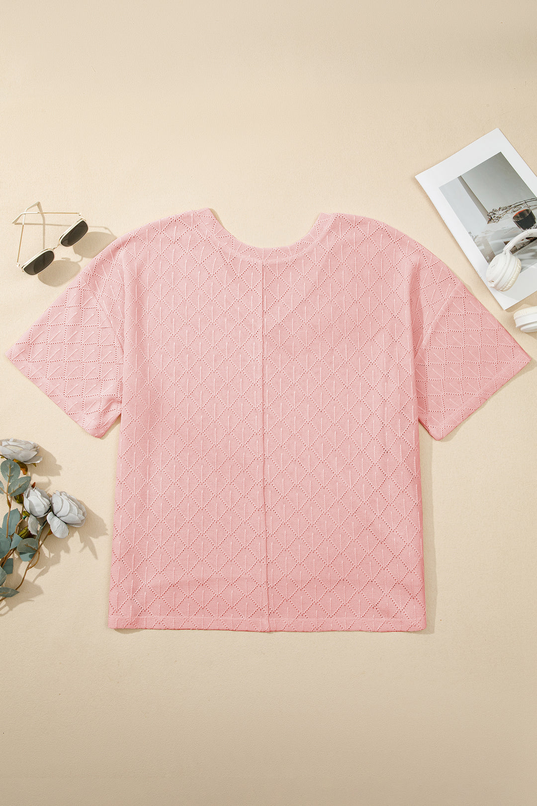 Light Pink Pointelle Rhombus Knit Plus Size V Neck Loose Top