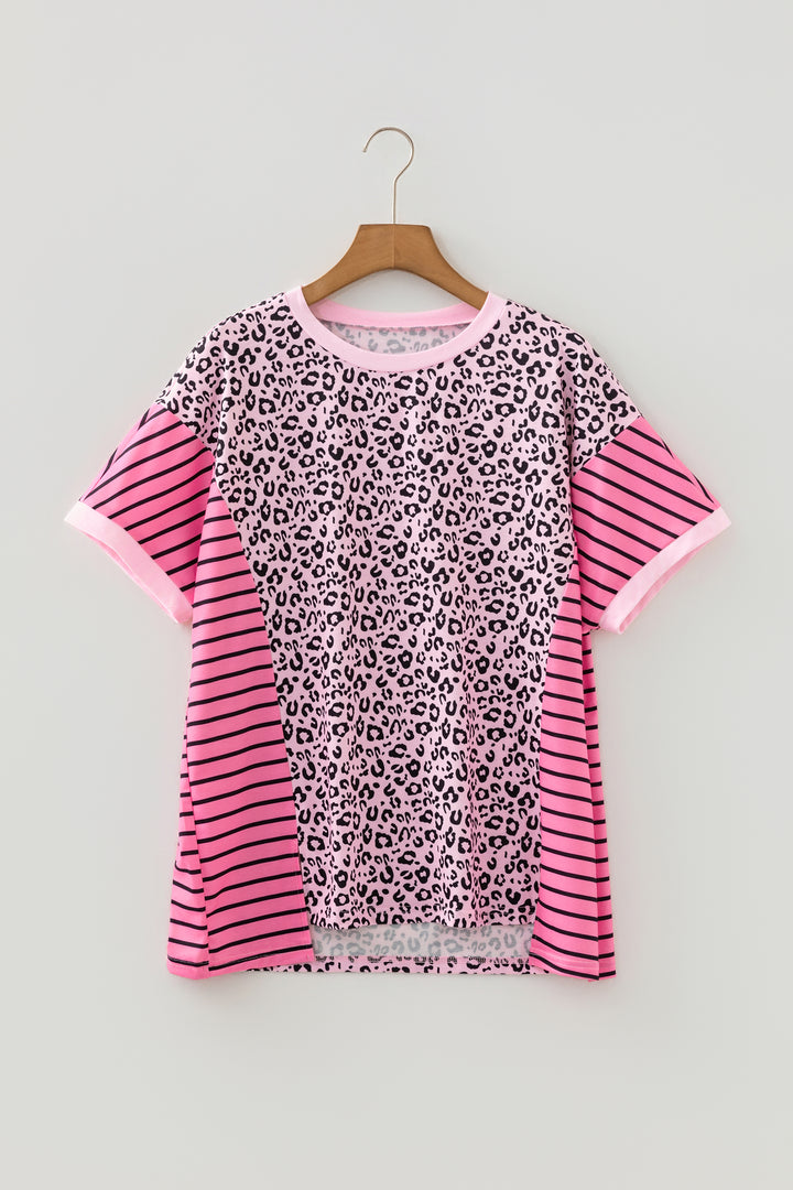 Pink Leopard Striped Patchwork Side Slit Loose Short Sleeve Top