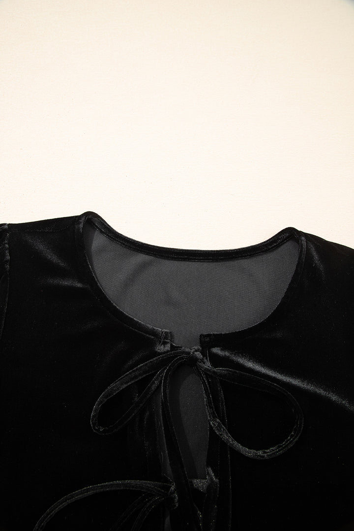 Black Front Tie Velvet Bubble Sleeve Mini Dress