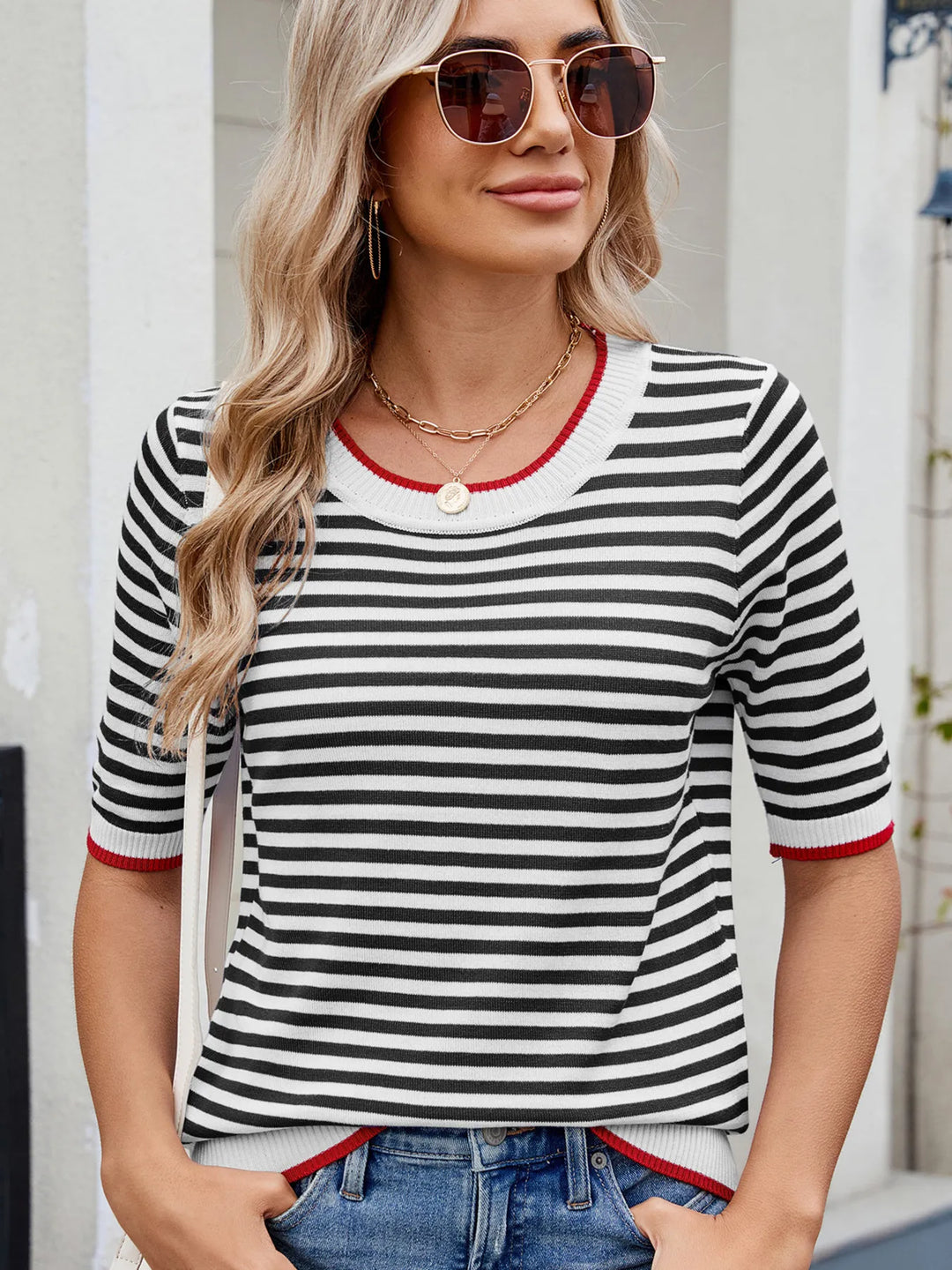 Striped Casual T-Shirt with Contrast Trim