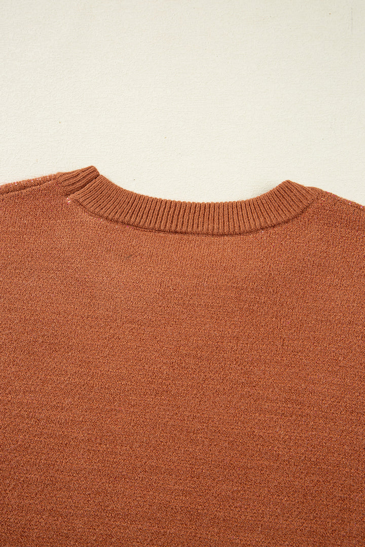 Brown Floral Short Puff Sleeve Sweater