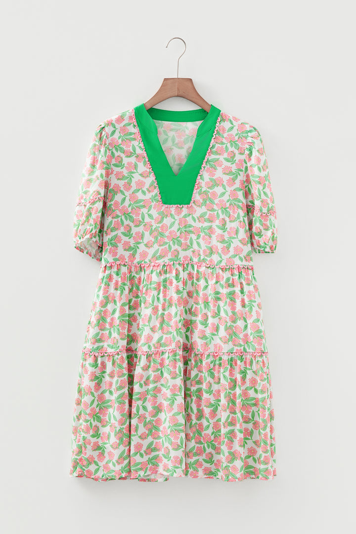 Green Contrast Neckline Ricrac Trim Floral Short Puff Sleeve Dress