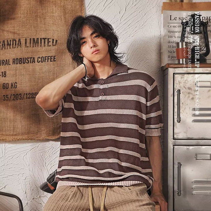 Men's Short-sleeved Loose Versatile Casual Lapel Stripe Top