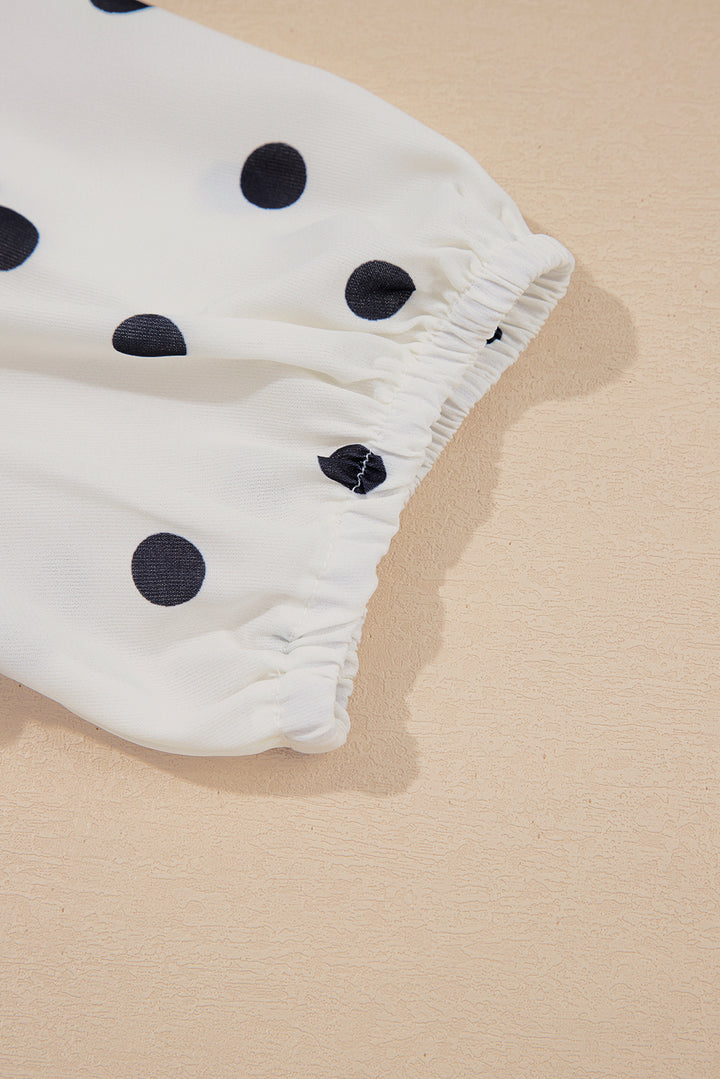 White Polka Dot Collared Lace up Font Puff Sleeve Peplum Top
