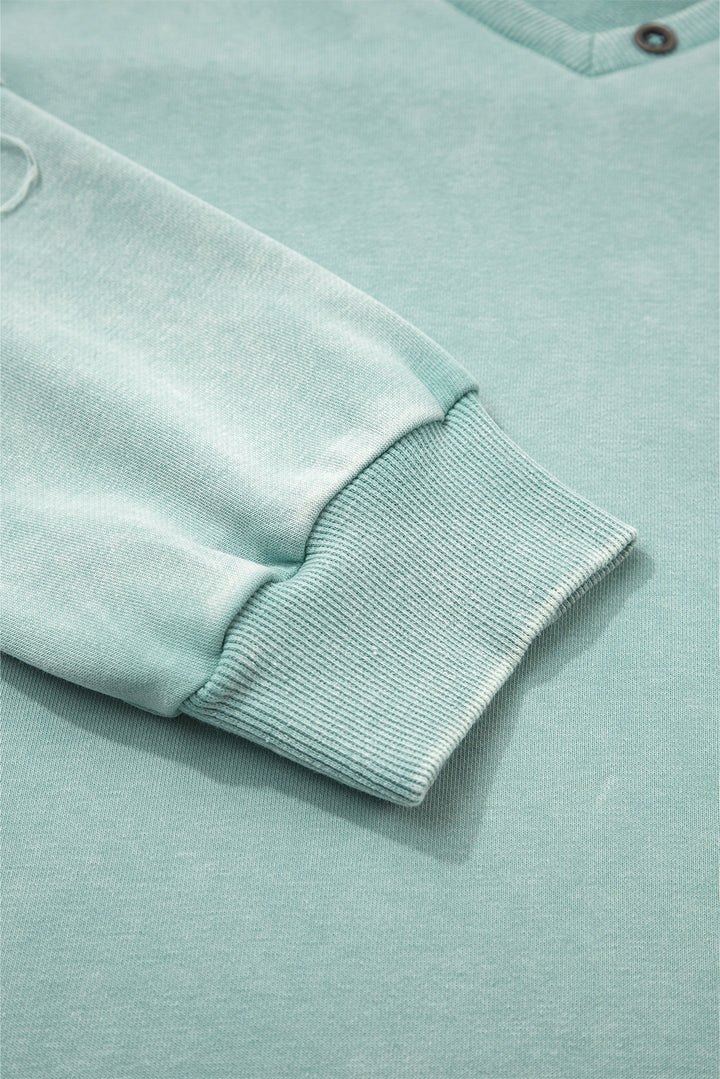 Mist Blue Mineral Wash Exposed Seam Buttoned V Neck Pullover Top