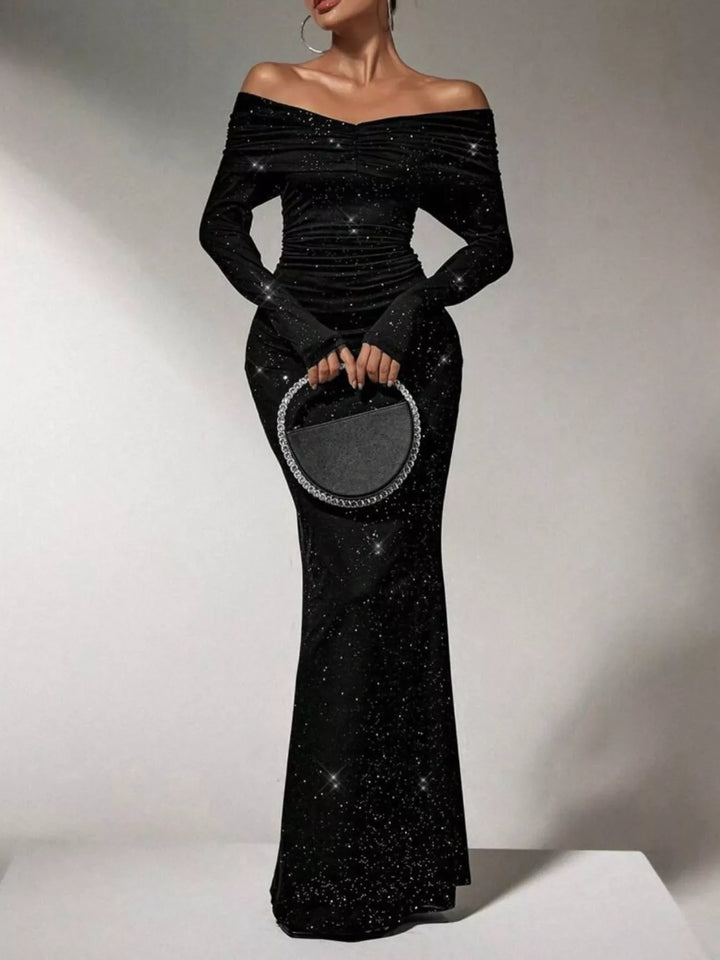 Off-Shoulder Glitter Evening Maxi Dress