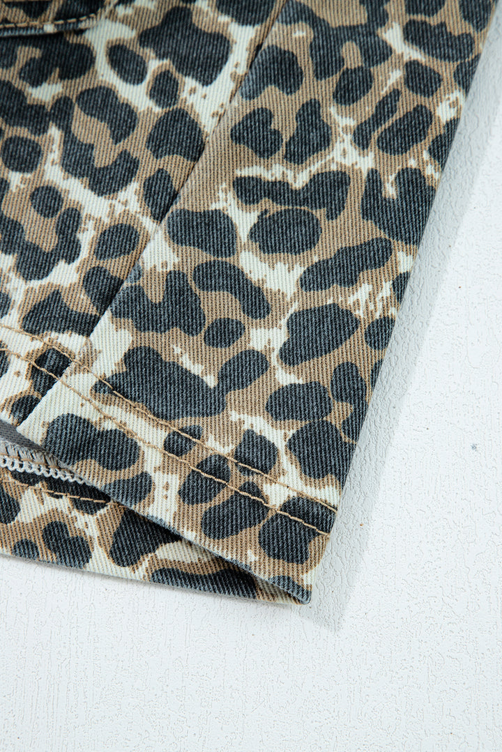 Gray Leopard Print Pocketed Loose Fit Denim Overall Dress