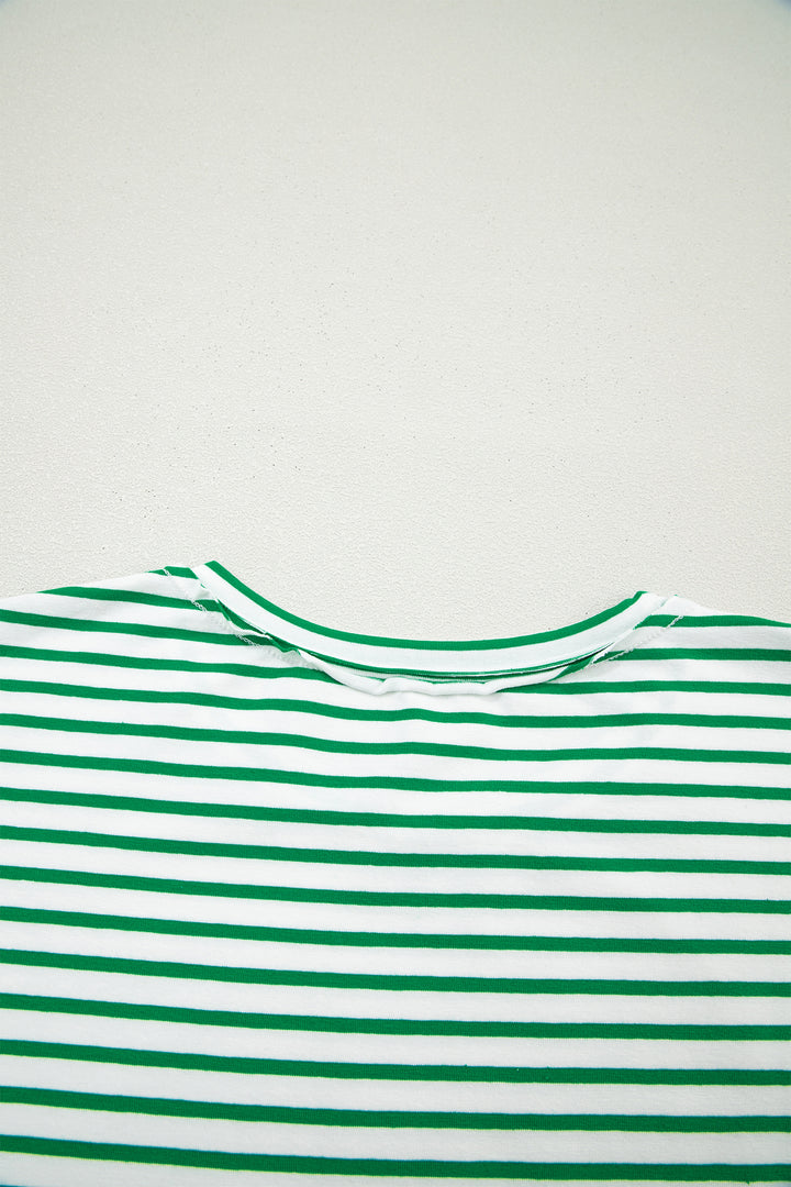 Green Stripe Floral Puff Sleeve Patchwork Round Neck Loose Top