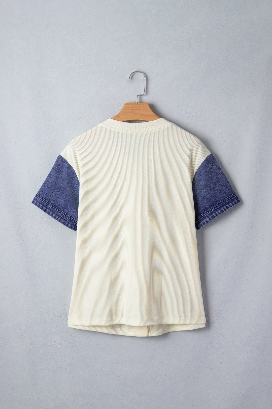 Beige Denim Patchwork Short Sleeve Ribbed Shirt
