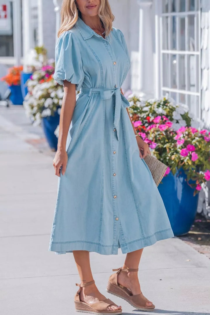 Full Buttons Collared Short Bubble Sleeve Long Denim Dress