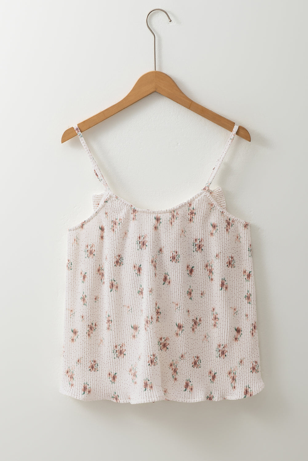 Débardeur blanc à bretelles spaghetti et gros nœud dans le dos, motif floral plissé