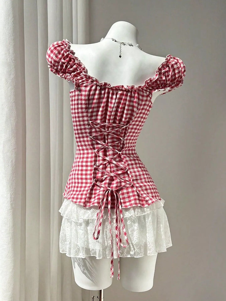 Frill Gingham Cap Sleeve Blouse