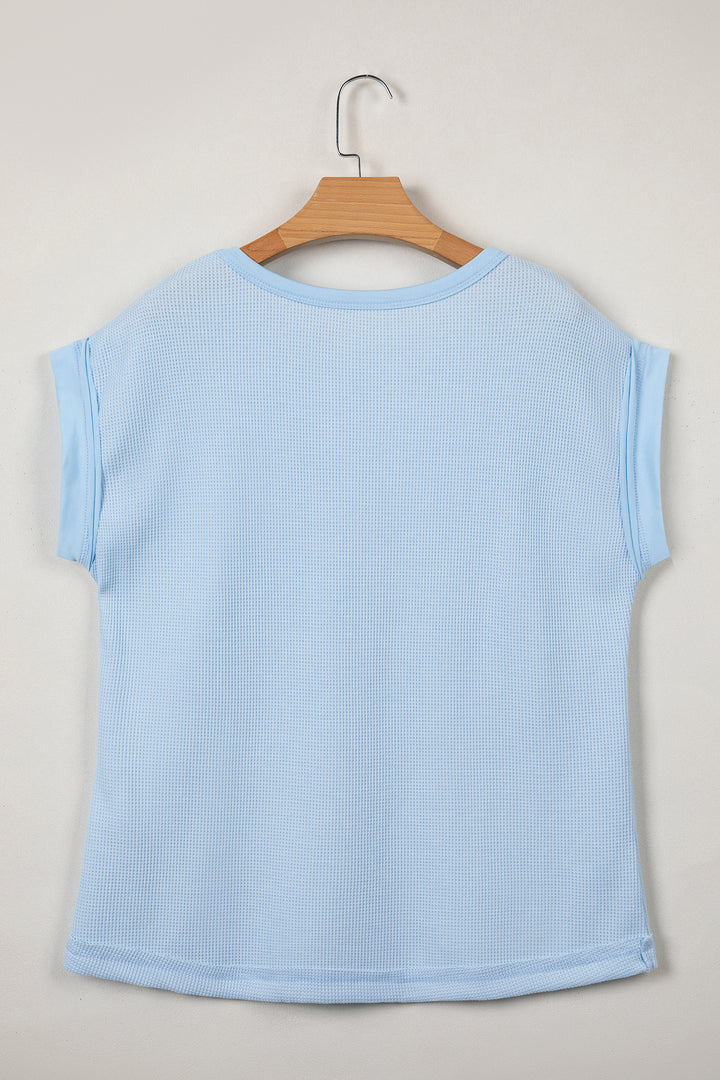 Light Blue Solid Color Raw Seam Waffled Patchwork Casual T Shirt
