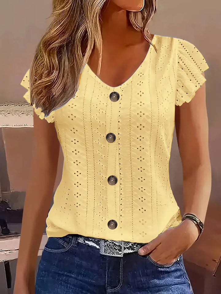 Eyelet Button-Front Flutter Sleeve Top