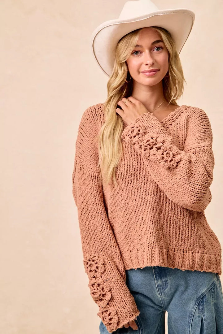 BiBi Chunky Knit Sweater with Flower Detail Sleeves