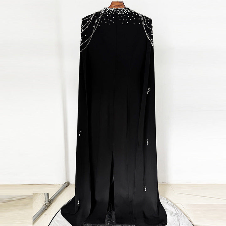 Beaded Lanyard Shawl Sleeve And Floor Long Dress