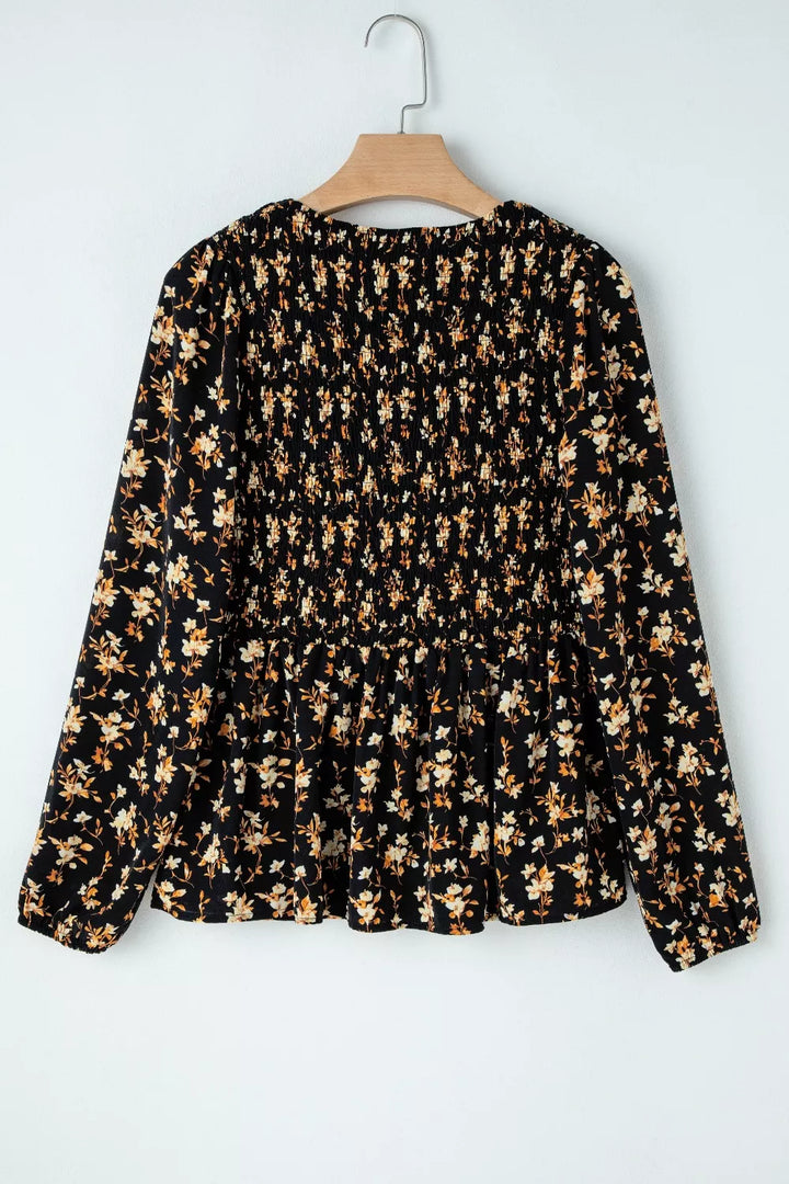 Floral Print Smocked Waist Long Sleeve Blouse