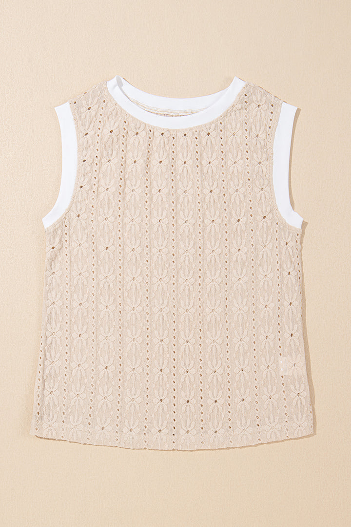 Oatmeal Floral Textured Crew Neck Tank Top
