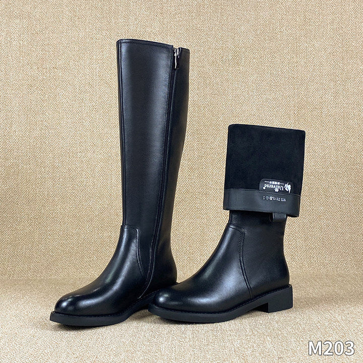 Genuine Leather Biker Boots Tall Boots For Petite Women Lined With Fleece