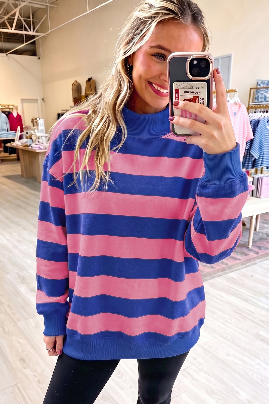 Blue Stripe Colorblock Mock Neck Relaxed Sweatshirt
