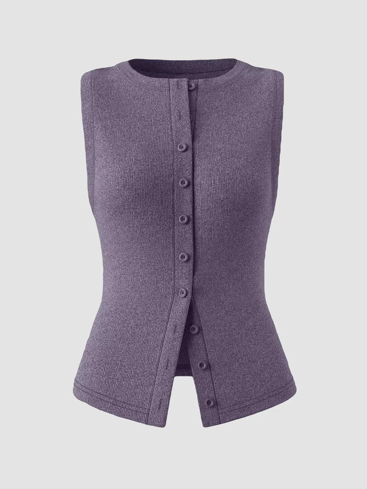 Ribbed Button-Front Sleeveless Tank