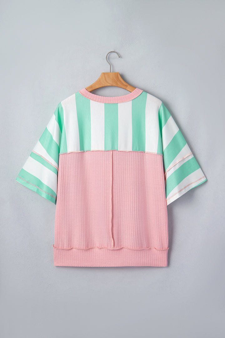 Green Stripe Exposed Seam Ribbed Patchwork Oversized Tee