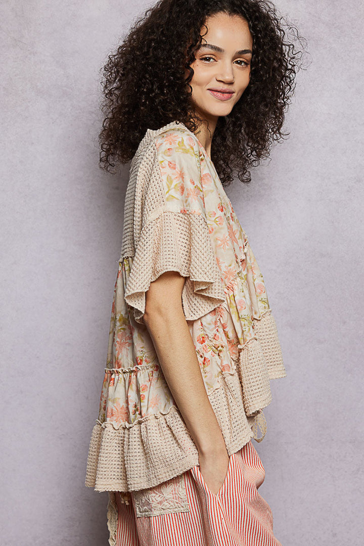 POL Floral Print V-Neck Woven Blouse with Gentle Gathers