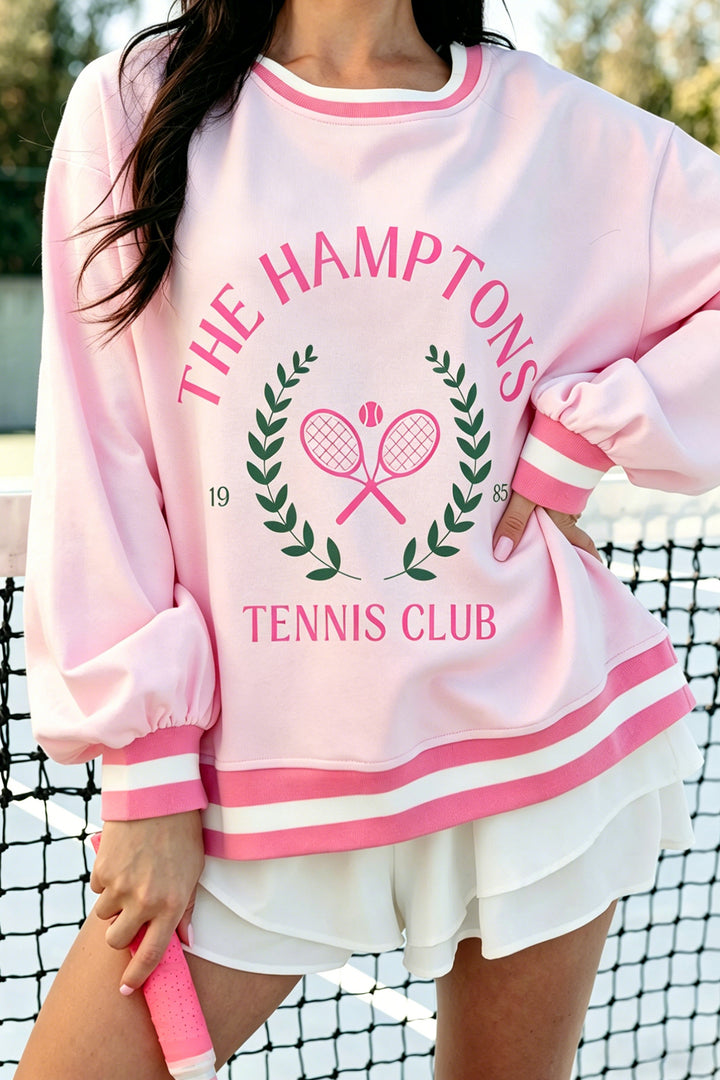 Pink Embroidered Tennis Club Crew Neck Pullover Sweatshirt